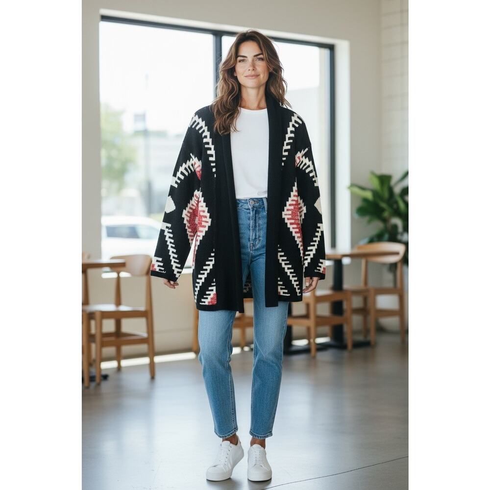 Effeci Sweater Cardigan Sz XL Black Open Front Shawl Collar Aztec Boho FLAWS